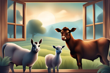 Farmhouse animals behind the wooden window
