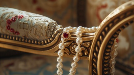 An elegant pearl necklace with a ruby clasp, draped over an antique chair