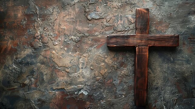 rustic wooden cross on textured background copy space for text or image faith and spirituality concept photo