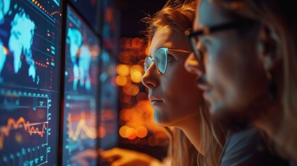 Obraz premium Technology professionals intently study data analytics on multiple monitors in a dimly lit room, tech professionals analyzing data at night, business and marketing concept.