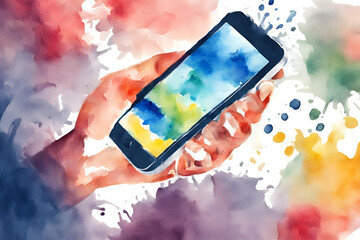 water color hand use smartphone, digital concept