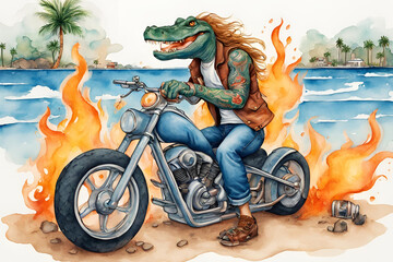 water color man aligator wearing jeans, with tattoos all over, wearing jeans, long hair, on a motorcycle, holding a beer, with fire and smoke , in a 4 dimensional world, on a beach in outline