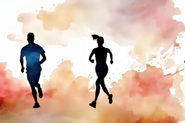 water color man and woman run silhouette