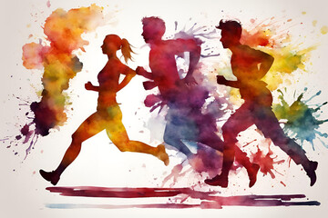 water color man and woman run silhouette