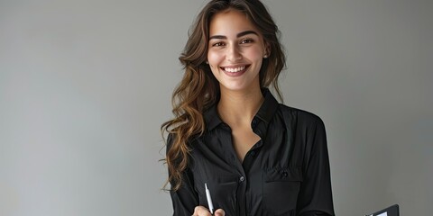 A beautiful young woman in black blouse is smiling and holding pen with one hand, writing on the...