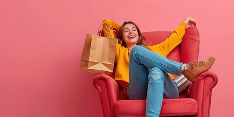 A happy woman is lying on the armchair, holding shopping bags and smiling happily with her legs crossed, pink background, high resolution photography