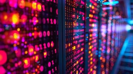 Futuristic data center with glowing neon lights showcasing rows of high-speed servers, symbolizing advanced technology and data storage, vibrant data center server room, technology concept.