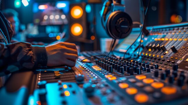 A focused sound engineer in headphones adjusts settings on a sophisticated mixing console in a professional recording studio, sound engineer operating music studio equipment.