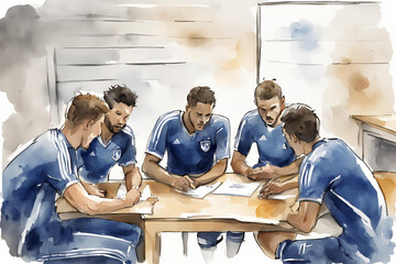 water color soccer player dressing room Planning meeting with coach