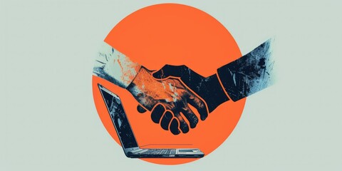 A minimalist collage illustration of two laptop computers in the shape of hands shaking,...