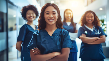 Multiethnic smiling healthcare workers with arms folded at a clinic