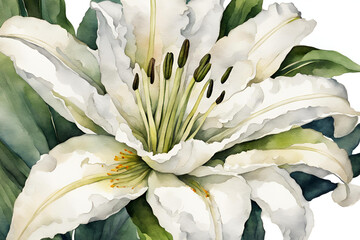 water color white lily flower full head closeup