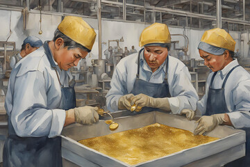 water color workers holding gold inside factory