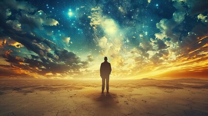 solitary man stands in a vast desert gazing at the luminous heavens above capturing a profound spiritual connection photo composite