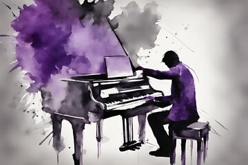 water color Abstract art of person playing piano. color scheme purple, gray, black and white