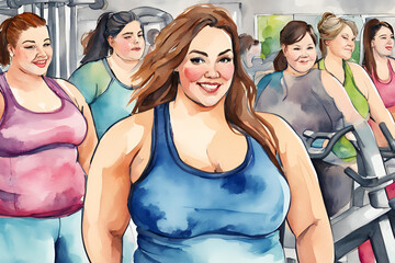 water colorc Plus-size women at the gym training