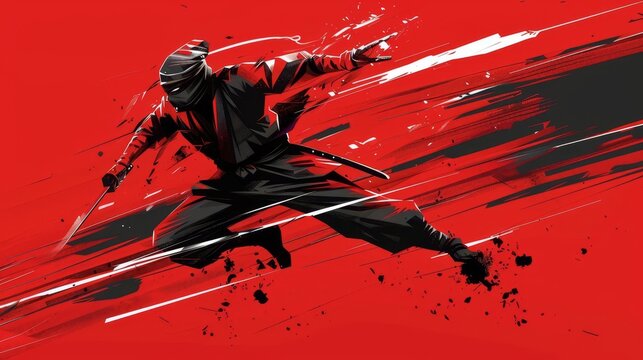 stylish modern ninja in dynamic pose cool 2d illustration with graphic elements