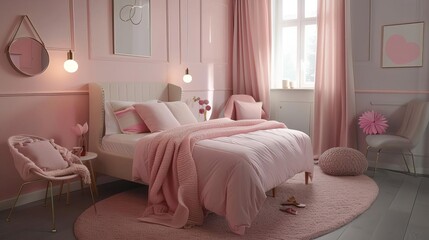 stylish teenage girls bedroom interior trendy decor cozy atmosphere modern furniture pastel color scheme