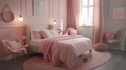 Fototapeta premium stylish teenage girls bedroom interior trendy decor cozy atmosphere modern furniture pastel color scheme