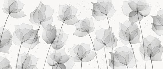 Luxury black and white floral art background with transparent flowers in watercolor style. Botanical banner for decoration, print, wallpaper, textile, packaging, poster, interior design.