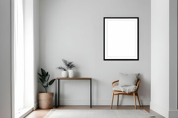 Minimalist hallway with a blank picture frame mockup background. Interior of a room