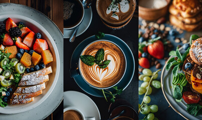A beautiful cafe breakfast, with double shot coffee Arabica beans, baking, bakery food, fruits, berries, mint leaves, bread, plates, table top. Top chef food. Bespoke cafe style dining and eating. 