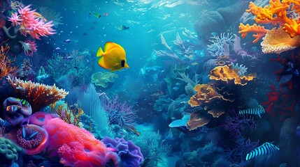 Naklejka premium vibrant tropical fish swimming in a colorful coral reef aquarium digital painting