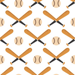 Crossed wooden baseball bats and leather balls, seamless vector pattern. Sports equipment for USA softball, training, competition. Game match tools. Hand drawn background, cartoon ornament for print