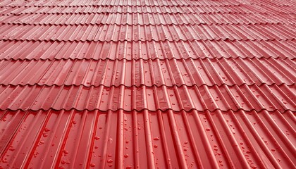 A background of red metallic roof tiles with water droplets on them.
