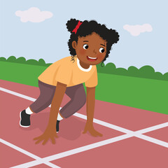 Cute little African girl prepare to run on starting position at race track
