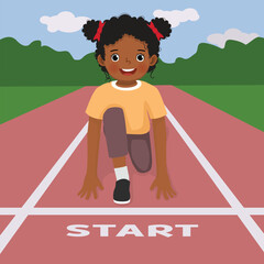 Cute little African girl ready to run on starting position at race track
