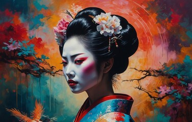 Beautiful Japanese Geisha with white makeup and pink accents wearing a Kimono concerned look on her face background is a vibrant abstract painting