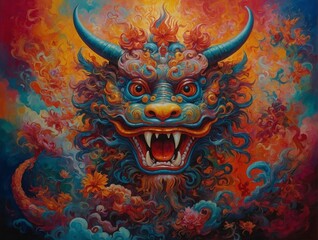 Amazing colorful fantasy dragon creature multi-colored Chinese year of the dragon style dragons head with blue horns and sharp teeth vibrant swirling background