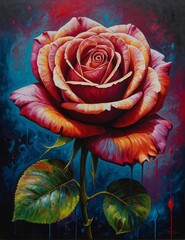 Beautiful Rose painting multi-colored trippy vibrant color scheme of orange pink and purple petals with an abstract blue background