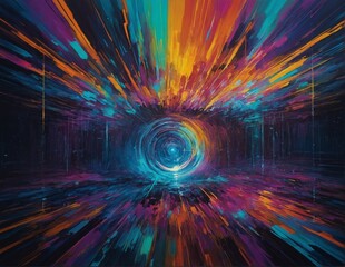 Vibrant abstract painting with colorful lines leading into a blue vortex portal creating illusion of depth wormhole style warp tunnel 