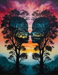 Silhouette of two faces merged with trees facing each other each surrounded by a tree with a mountain landscape at sunset and a vibrant colorful cloudy sky in the background