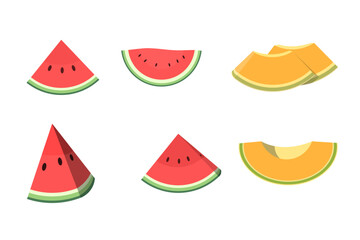 Set of ripe juicy watermelon and melon fruit vector icons illustration