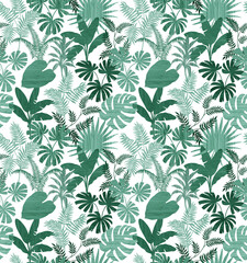 Seamless long pattern leaf graphics variety of types on colorfur texture tone wooden surface with tropical leaves used for decorative design.	
