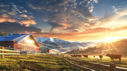 A farm with a red barn and cows grazing in a field - Powered by Adobe
