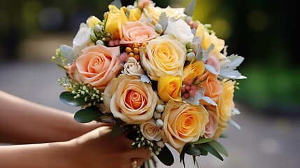 The bride holds a bouquet of white and pink flowers