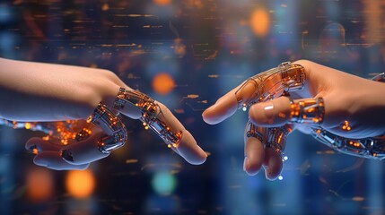 Close up of human hand holding robot arm on blurred background 3D rendering