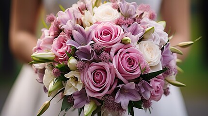 The bride holds a bouquet of white and pink flowers