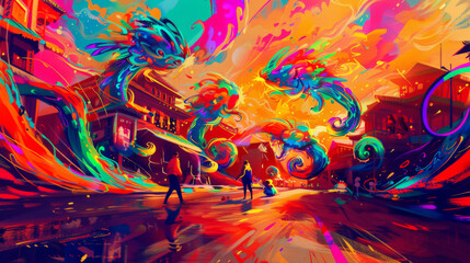 A colorful painting of a city street with people walking