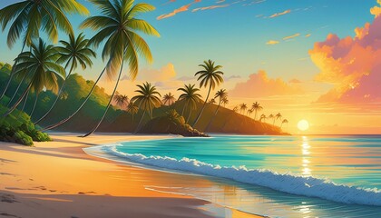Fototapeta premium Magical Sunrise Beach in the Caribbean. Scenic Vacation Shoreline. Tourism banner.