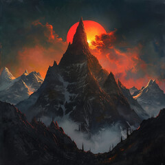A fantasy landscape with mountains and sun, in a digital art style, in the style of an fantasy illustration, with a red orange black blue green palette, like epic fantasy game concept art, in the styl