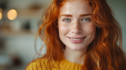 An attractive and cheery ginger girl with space for text.