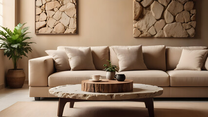 Rustic coffee table near beige sofa against stucco wall with stone decorative poster. Japandi interior design of modern living room