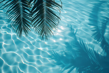 Tropical resort tranquility with palm leaf shadows over shimmering pool water