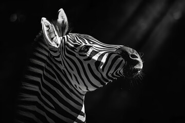 Dramatic black and white portrait of a zebra with striped details, capturing a serene yet intense expression.