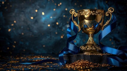 The cup with a shiny golden surface decorated with blue ribbons symbolizes victory and excellence....